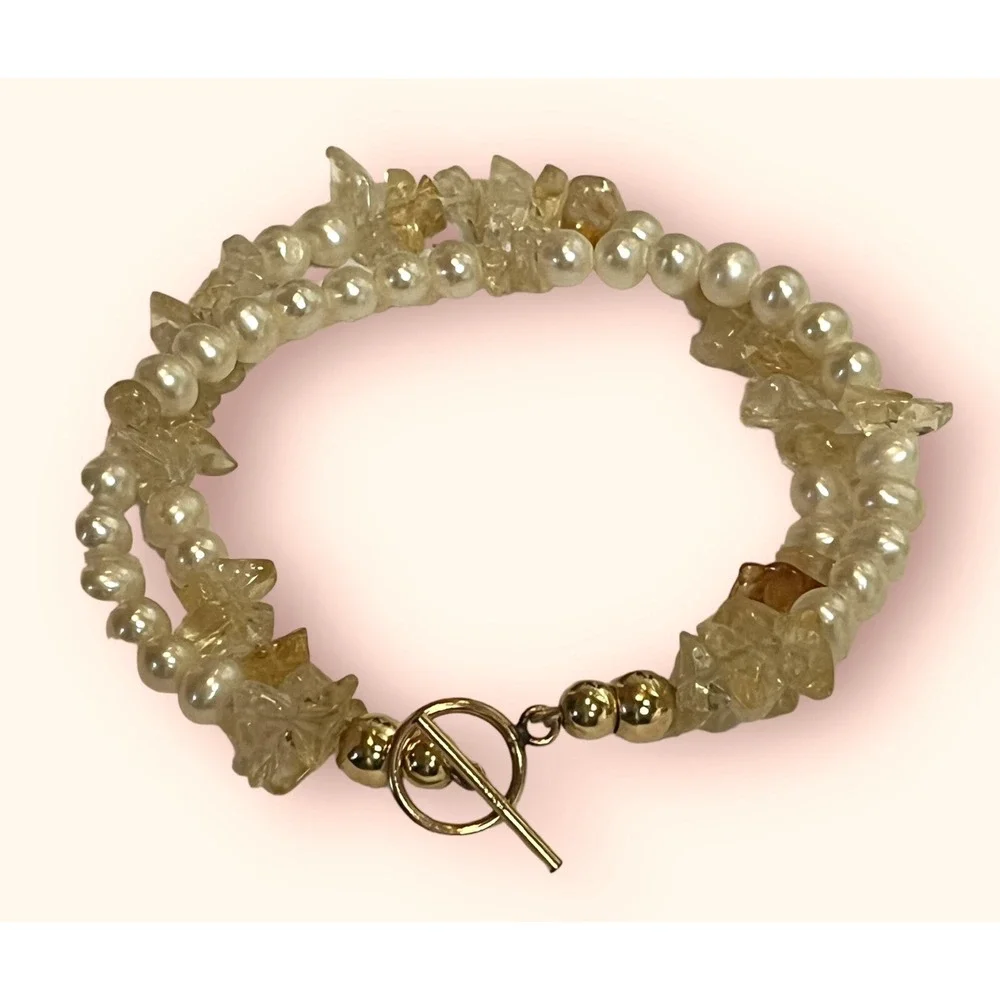 14K Gold Fill GEMSTONE CITRINE CHIP Freshwater Pearl Bracelet Toggle 7
